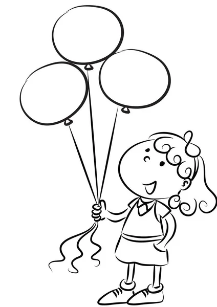 Black White Vector Illustration Cute Little Girl Holding Balloon — Stock Vector