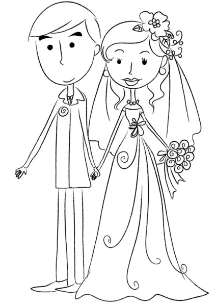 Novio Dibujos Animados Con Novia Vestido Novia Aislado Sobre Fondo — Vector de stock