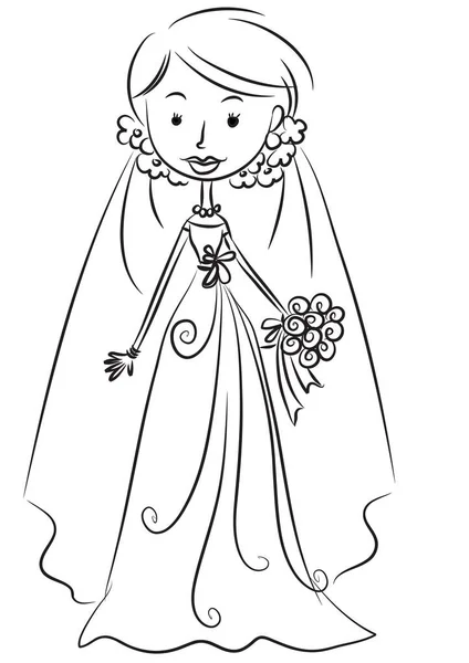 Ilustración Vectorial Una Chica Con Ramo Flores Vestido Novia — Vector de stock