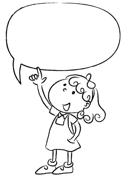 Desenho Animado Feliz Sorrindo Menina Segurando Uma Bolha Discurso Branco — Vetor de Stock