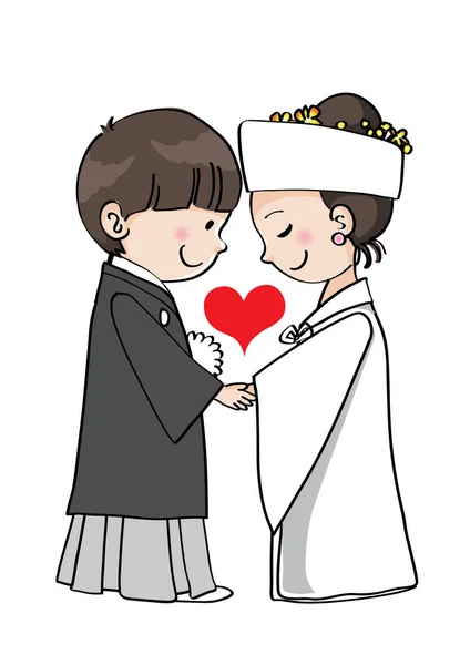 Novia Novio Dibujos Animados Con Trajes Tradicionales Tomados Mano Aislados — Vector de stock