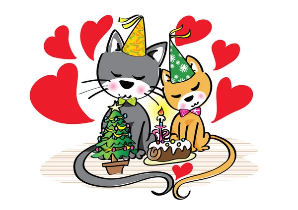 Lindos Gatos Negros Enamorados Corazones Decoraciones Navidad Aislados Sobre Fondo — Vector de stock