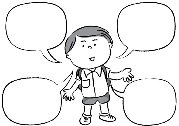 一个男孩拿着一个空白的语音泡沫的黑白卡通画 — 图库矢量图片