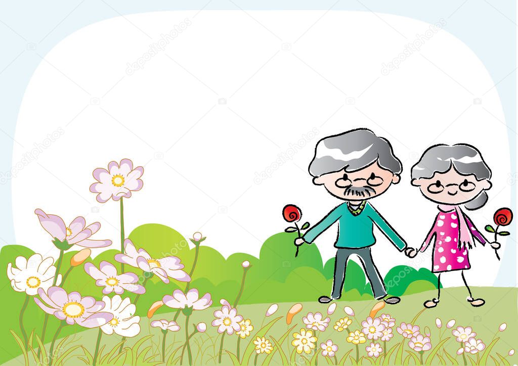 cartoon elderly couple in love holding roses and standing on meadow isolated on white background, family time concept 