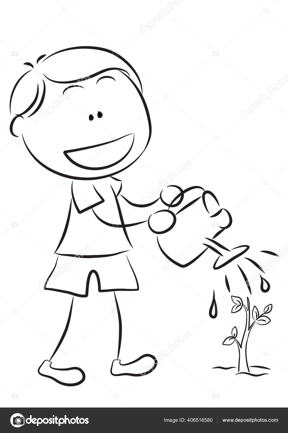 Hand drawn doodle of a little boy watering flowers
