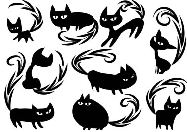 Beyaz arkaplan, vektör, illüstrasyon üzerinde izole şirin kedi düz simgeleri seti