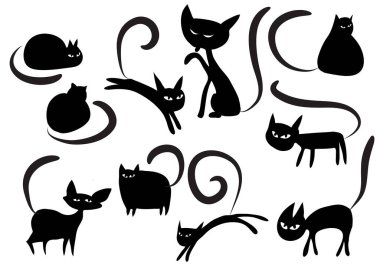 Beyaz arkaplan, vektör, illüstrasyon üzerinde izole şirin kedi düz simgeleri seti