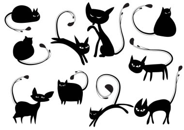 Beyaz arkaplan, vektör, illüstrasyon üzerinde izole şirin kedi düz simgeleri seti