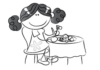 Elinde çiçek buketi olan bir kızın siyah-beyaz çizimi