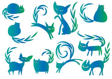 Beyaz arkaplan, vektör, illüstrasyon üzerinde izole şirin kedi düz simgeleri seti