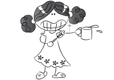 Elinde fincanı olan bir kızın siyah beyaz çizimleri.