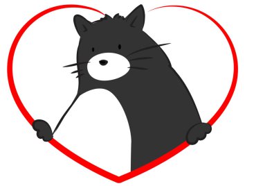 Kırmızı kalpli şirin bir kedinin vektör çizimi