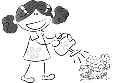 Elinde çiçek buketi olan bir kızın siyah beyaz çizimleri.