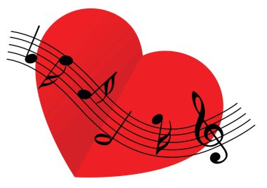 Müzik notaları olan kırmızı bir kalbin vektör çizimi