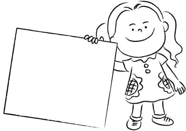 Boş bir afiş taşıyan bir çocuğun karikatür çizimi.