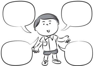 Konuşma baloncukları olan çocuğun siyah ve beyaz vektör çizimi 