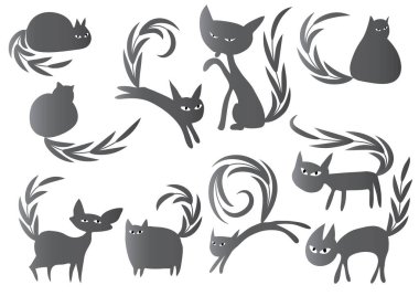 Beyaz arkaplan, vektör, illüstrasyon üzerinde izole şirin kedi düz simgeleri seti