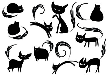 Beyaz arkaplan, vektör, illüstrasyon üzerinde izole şirin kedi düz simgeleri seti