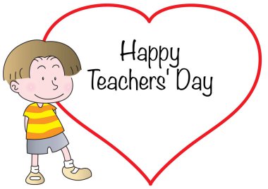 Küçük bir çocuğun çizgi film karakterinin vektör çizimi kalbinde mutlu öğretmenler yazılı. 