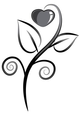 Bitkinin üzerindeki kalbin siyah-beyaz çizimi   