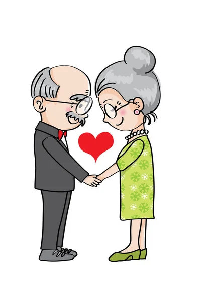 白い背景に隔離された手を持つ愛の漫画の老夫婦 家族の時間の概念 — ストックベクタ