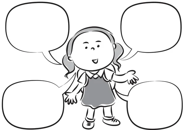 一个小女孩拿着一个空白的语音泡沫的黑白卡通画 — 图库矢量图片