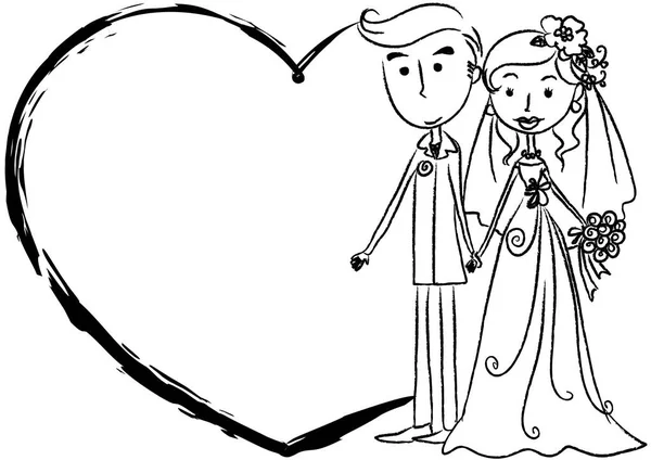 白い背景に隔離された結婚式のドレスで花嫁と漫画新郎 家族の時間の概念 — ストックベクタ
