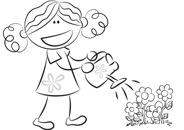 Black White Cartoon Illustration Girl Bouquet Flowers — Stock Vector