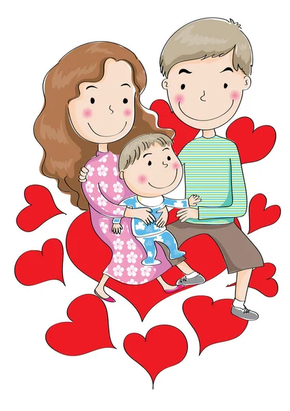 Cartoon Parents Son Hearts Isolated White Background Family Time Concept — Stock Vector