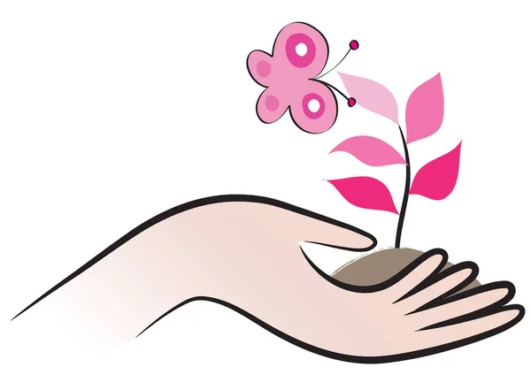 Hand Houden Roze Bloem Met Een Vlinder — Stockvector
