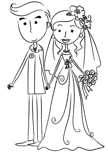 Cartoon Bräutigam Mit Braut Brautkleid Isoliert Auf Weißem Hintergrund Familienzeitkonzept — Stockvektor