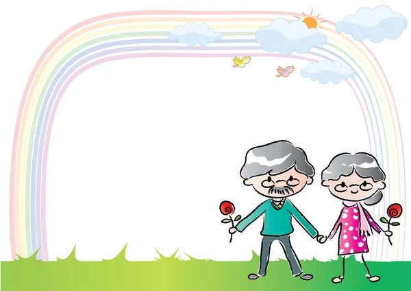 卡通片 恋爱中的老夫妇 手持玫瑰 站在草地上 与白人背景 家庭时间观念隔离 — 图库矢量图片