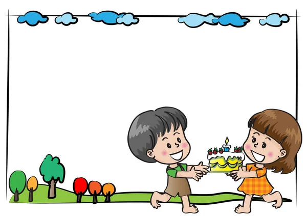 ケーキで遊んでいる子供たちの国境のイラスト — ストックベクタ