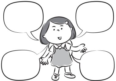 Elinde boş bir konuşma balonu tutan küçük bir kızın siyah beyaz çizimleri.