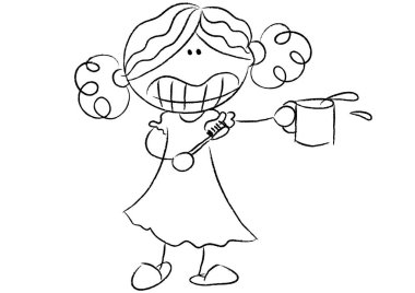 Elinde fırça olan bir kızın siyah beyaz çizimleri.