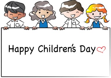 Bir grup çocuk ve mutlu bir ailenin vektör çizimi