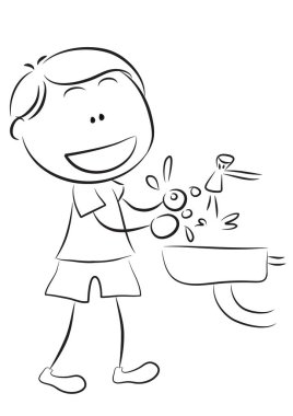 El yıkayan bir çocuğun siyah beyaz çizimleri. 