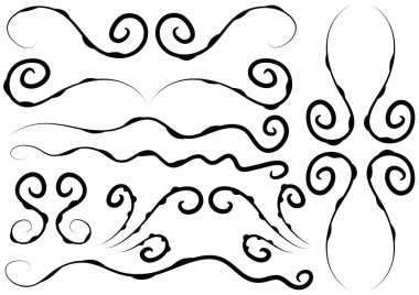 bir dizi kaligrafik tasarım elemanının siyah ve beyaz vektör çizimi