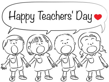 Çocuklar ve çocuk konuşma balonunda çizim yapıyorlar.