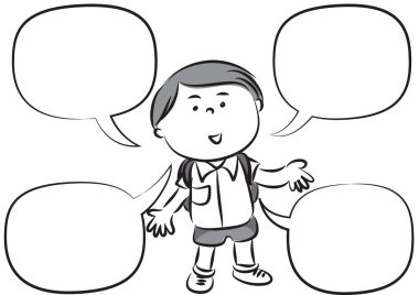 Boş konuşma baloncuğu olan yakışıklı bir çocuğun siyah-beyaz çizimi