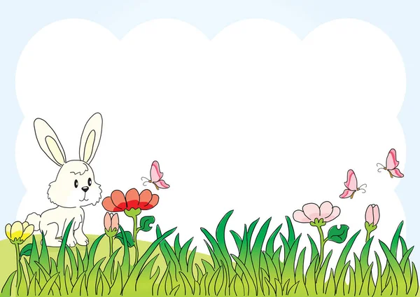 Påsk Kanin Med Blommor Och Gräs — Stock vektor
