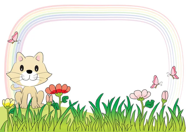 可爱的猫和草地上的花 — 图库矢量图片