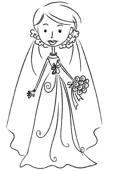 Мультфильм Красивая Невеста Свадебном Платье Изолированы Белом Фоне Брак Концепции — стоковый вектор