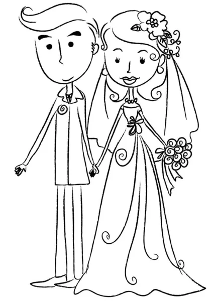 Cartoon Bräutigam Mit Braut Brautkleid Isoliert Auf Weißem Hintergrund Familienzeitkonzept — Stockvektor
