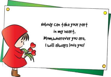 Çizgi filmdeki tatlı kızla tebrik kartı ve teşekkürler mesajı, Anneler Günü konsepti. 