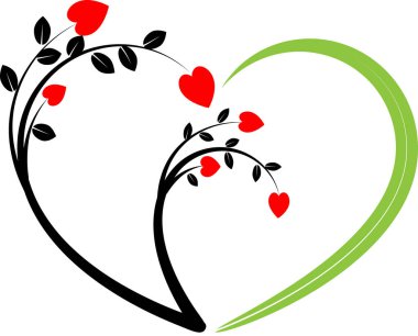 Beyaz arkaplanda ağaç dalları olan renkli düz kalp logosu, 