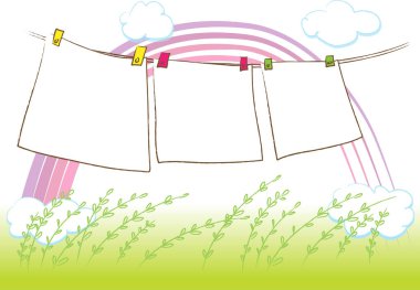 Çayırda ipte asılı boş kağıt dekoratif kartlar koleksiyonu, aşk konsepti 