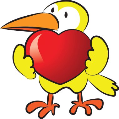 Beyaz arka planda kalbi olan küçük sevimli karga, romantik bir kavram. 