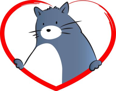 beyaz arka planda izole edilmiş kalbi olan küçük sevimli bir kedi. Romantik bir kavram. 