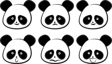 Çizgi film pandası, duyguları olan yüzler çizer. renk vektör illüstrasyon seti